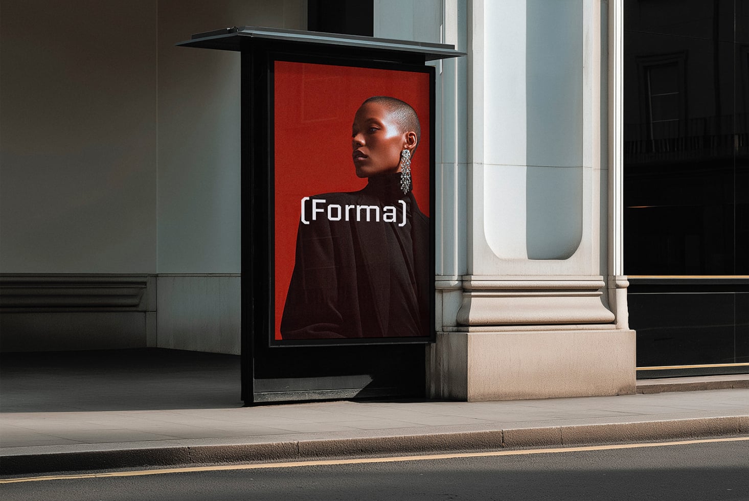 Outdoor bus shelter mockup showing red background with woman's profile portrait