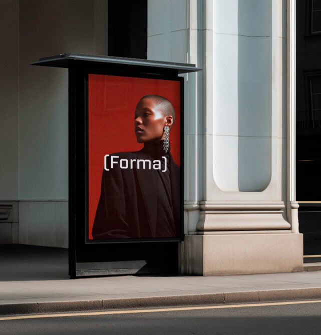 Street-level bus shelter mockup with portrait imagery on red background