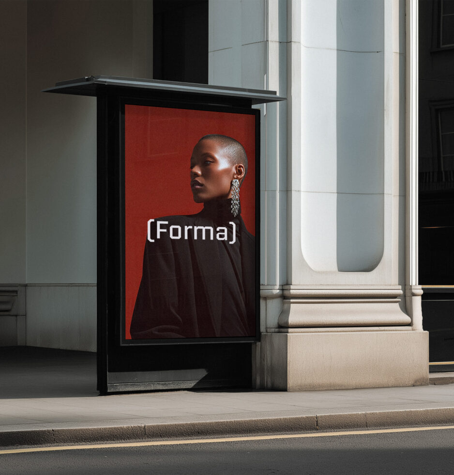Street-level bus shelter mockup with portrait imagery on red background