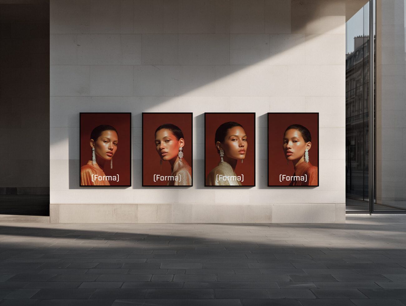 Four framed portraits of women in rust backgrounds with earrings on gallery wall