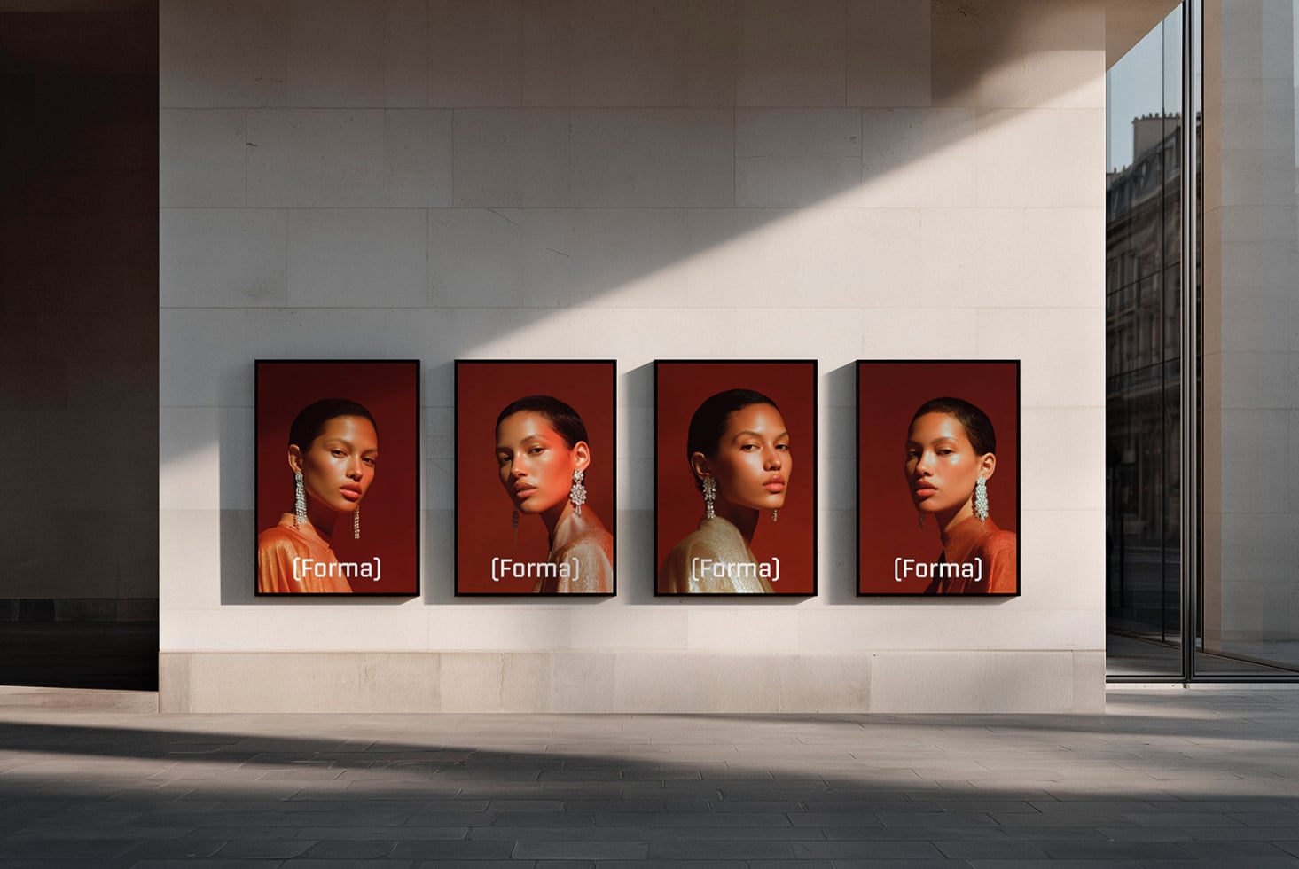 Four framed portraits on white gallery wall with warm red background color