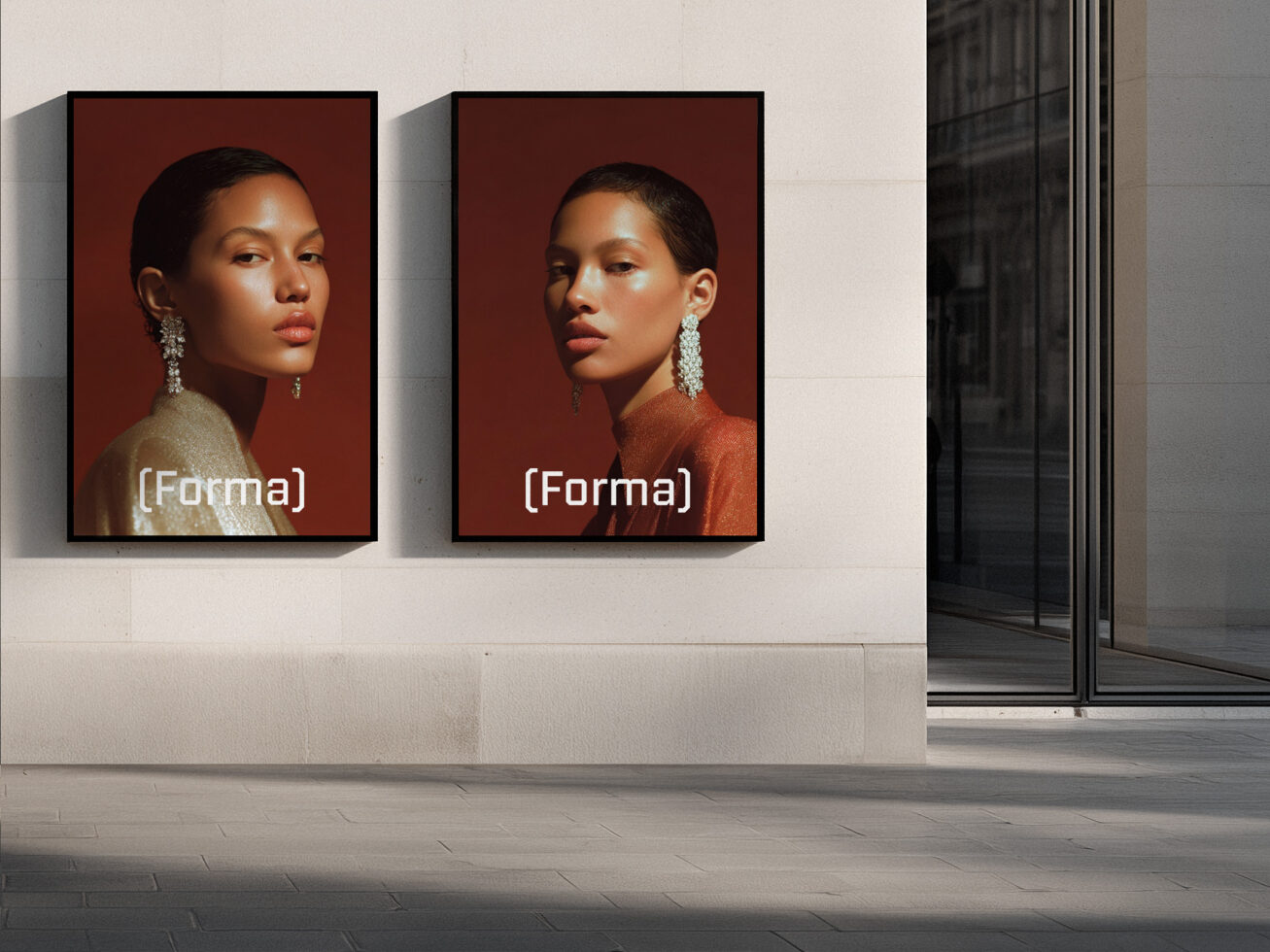 Two framed fashion portraits of women on neutral gallery wall display