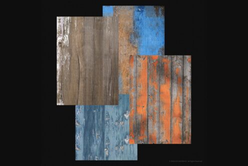 Overlapping wood texture swatches showing peeling paint in blue, orange, gray combinations
