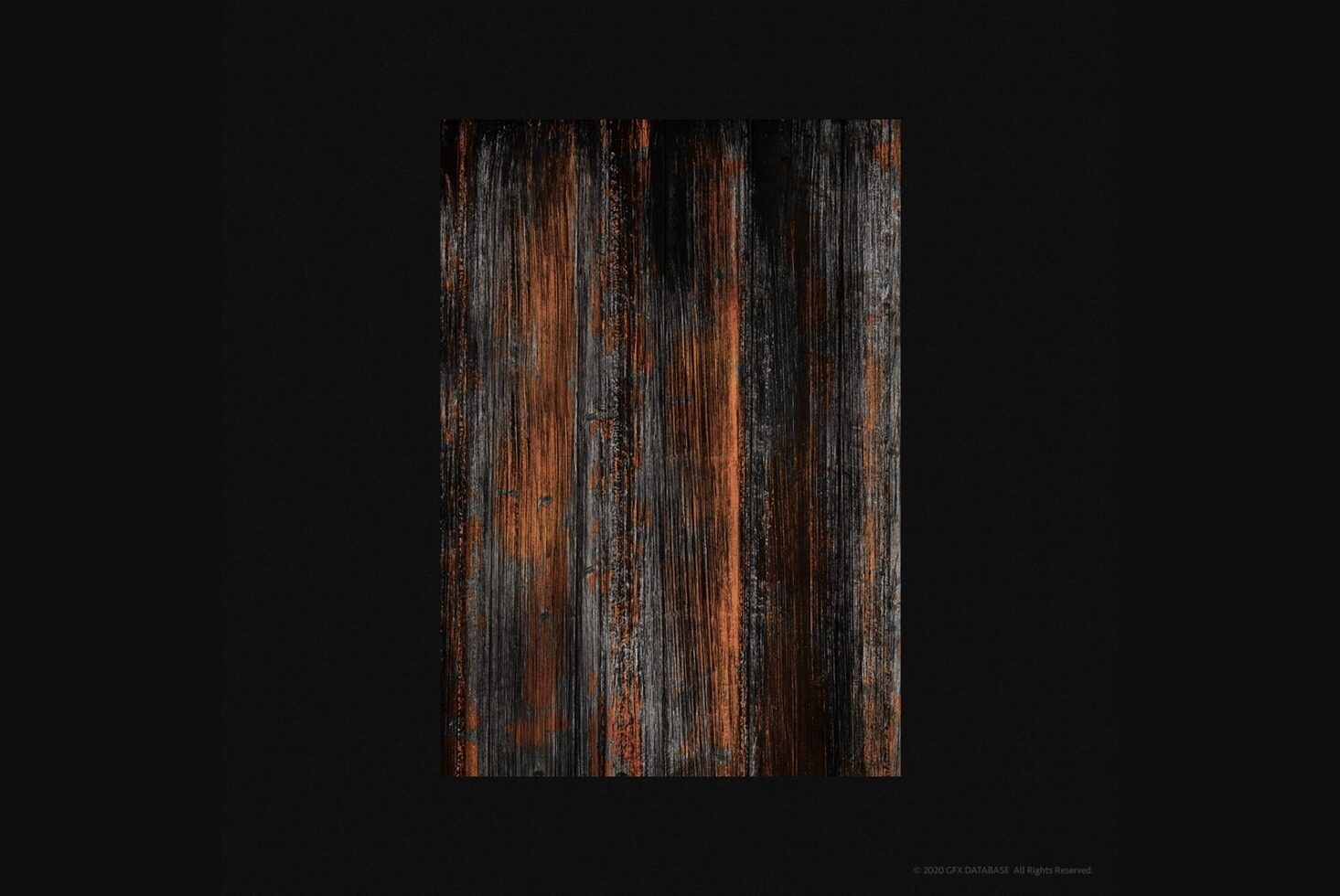 Close-up of weathered wood surface with vertical grain in rust, charcoal, orange tones