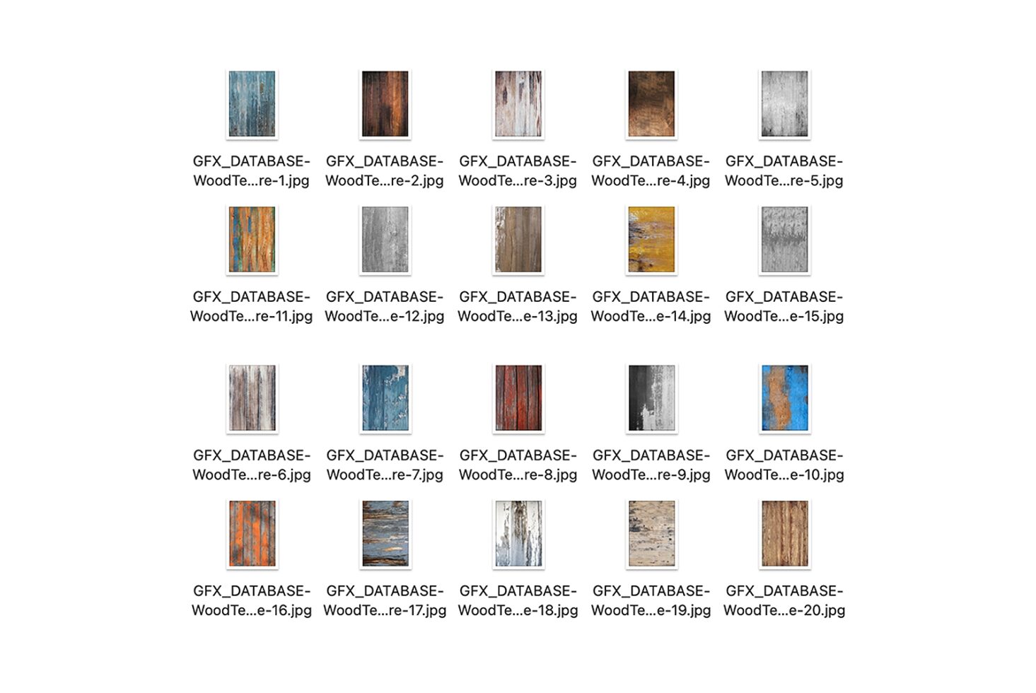 Grid of 20 distressed wood texture samples in various colors from blue to orange