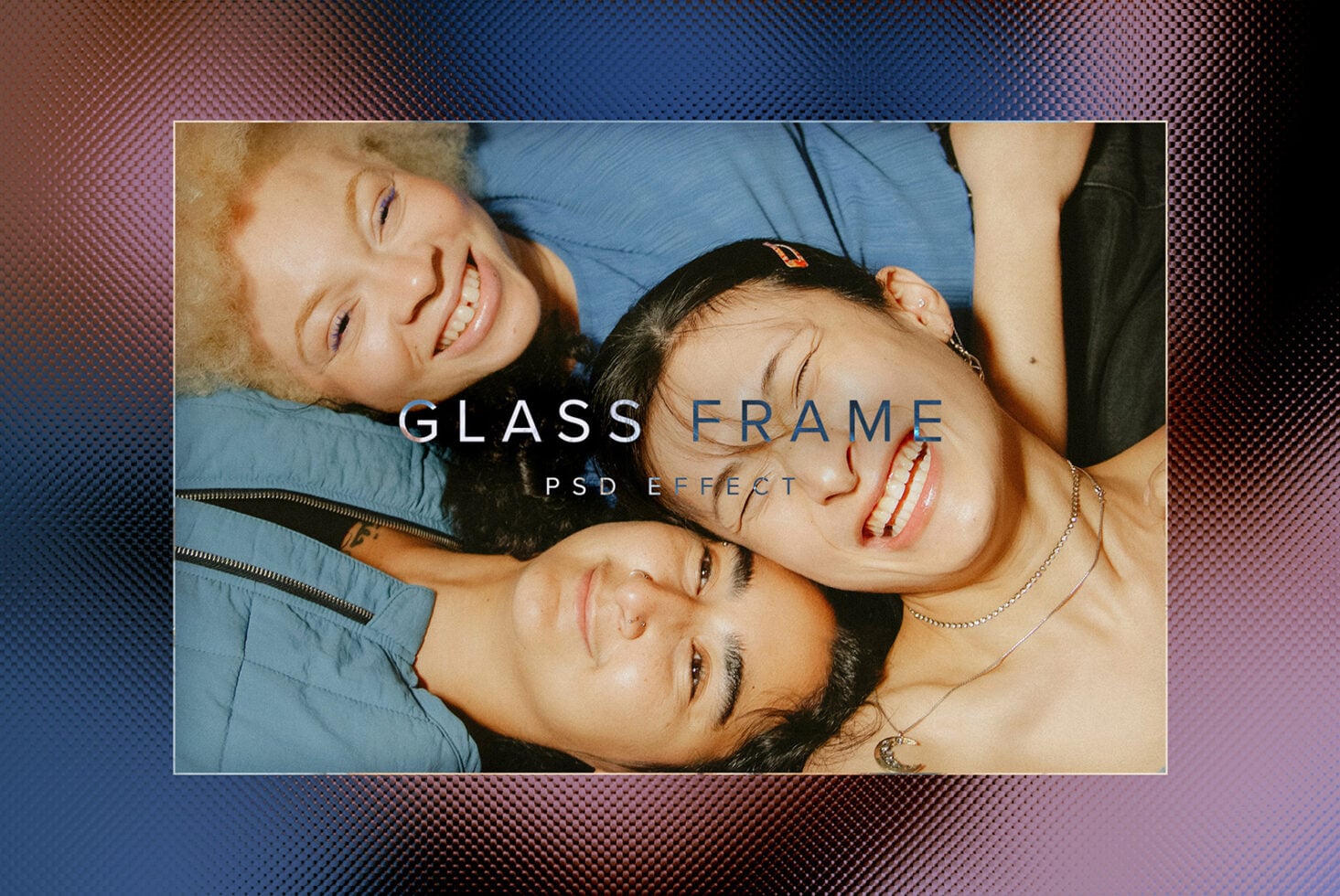 Group photo in glass frame mockup with rainbow gradient background