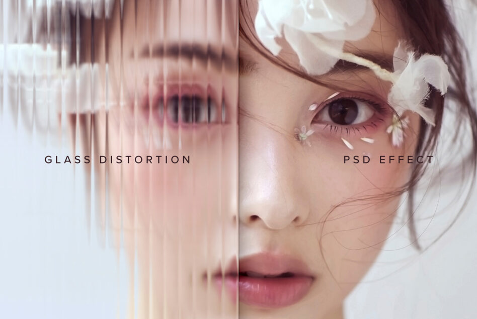 Split screen showing glass distortion effect on left, sharp portrait on right
