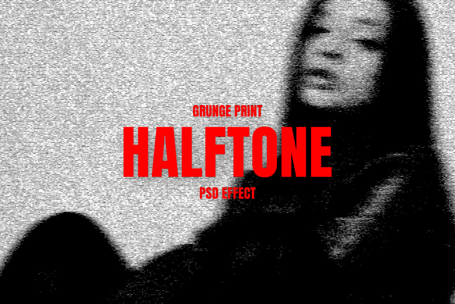 Red halftone text overlay on grainy black portrait with glitch vibe