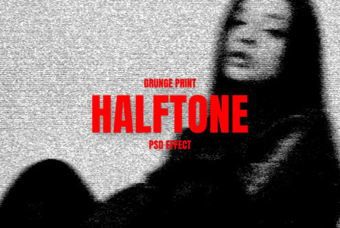 Red halftone text overlay on grainy black portrait with glitch vibe