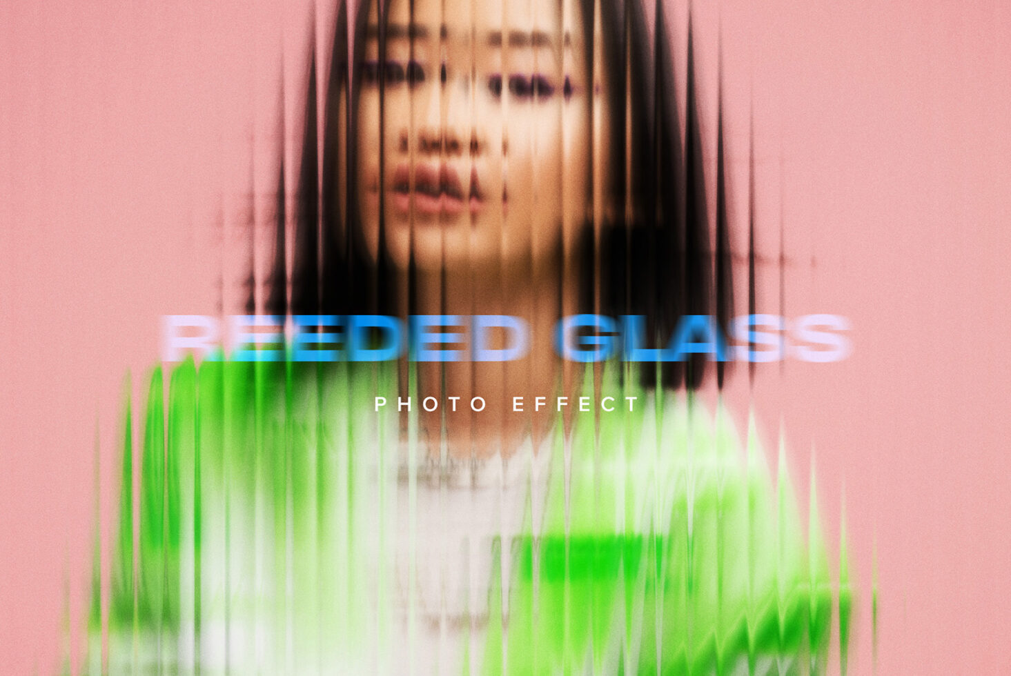 Woman's face with vertical line glitch overlay, blue text reads Reeded Glass