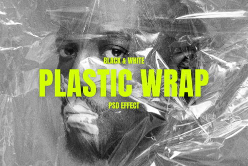 Black and white plastic wrap effect with neon yellow bold text overlay