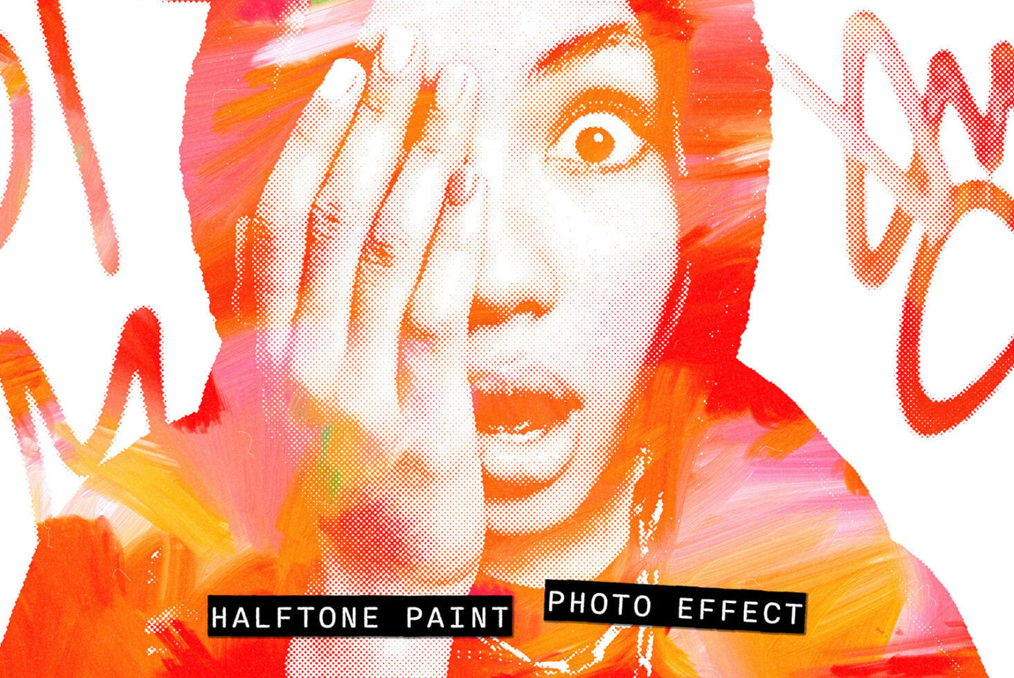 Halftone photo effect with bright orange, pink, yellow paint strokes over portrait