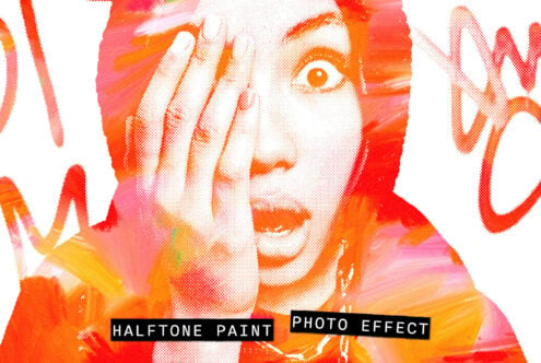 Halftone photo effect with bright orange, pink, yellow paint strokes over portrait