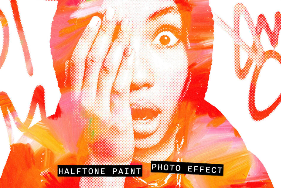 Halftone photo effect with bright orange, pink, yellow paint strokes over portrait