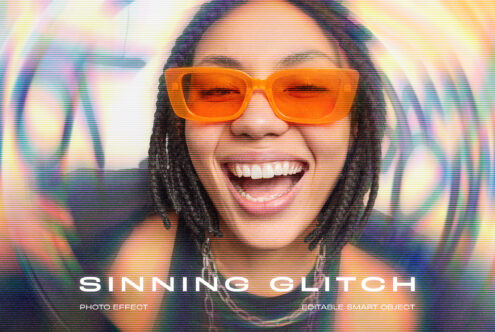 Person in orange sunglasses smiling with colorful scan line distortion effect
