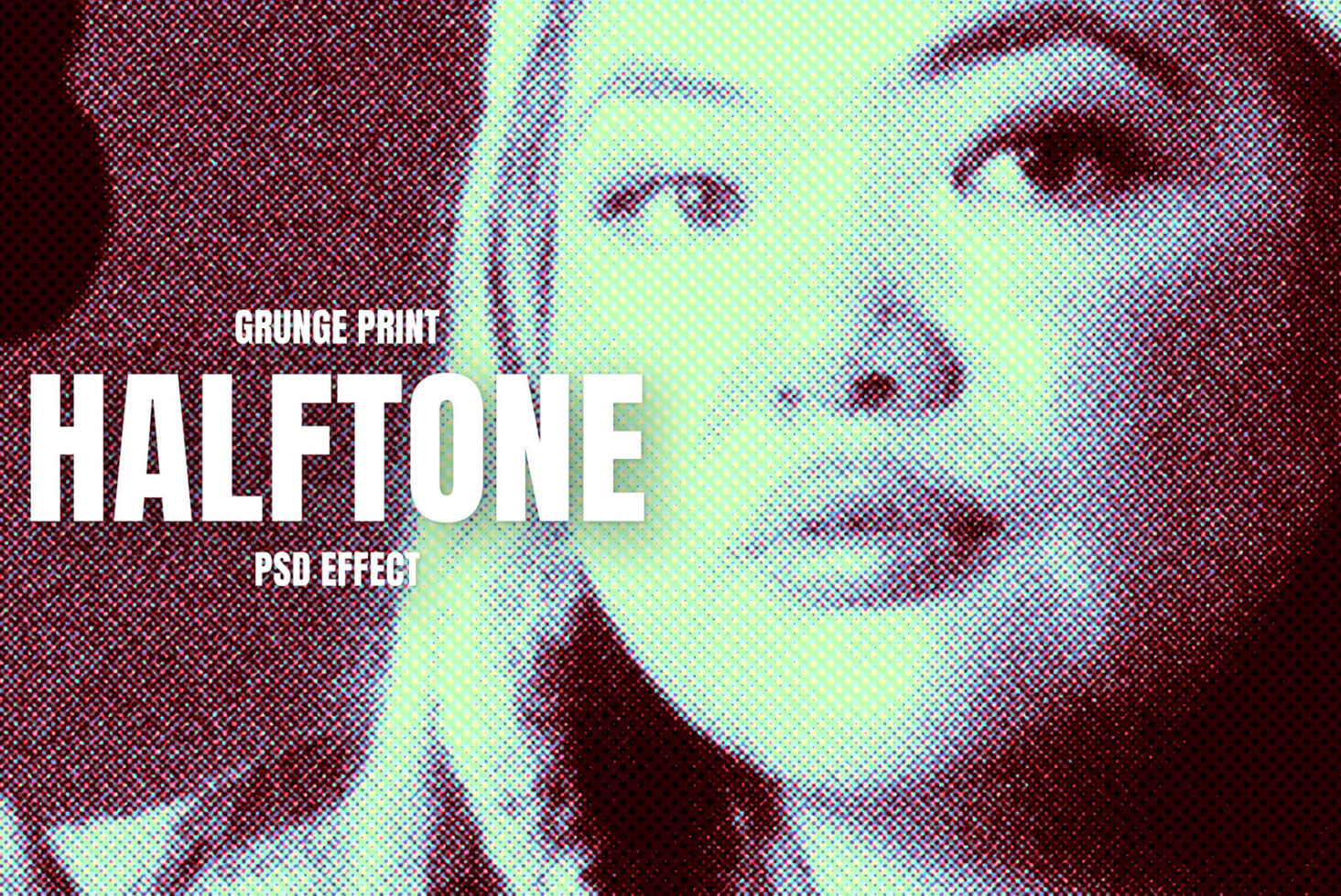 Pixelated portrait with neon green, red, blue halftone effect on dark background
