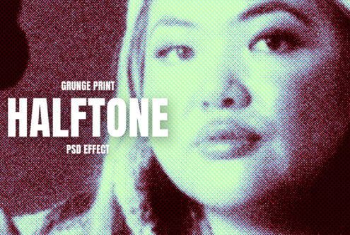 Pixelated portrait with neon green, red, blue halftone effect on dark background