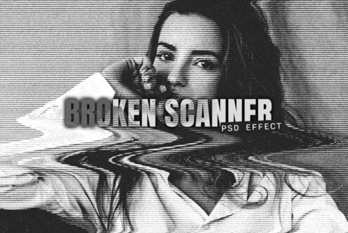 Broken scanner PSD effect text overlay on portrait with horizontal line distortion