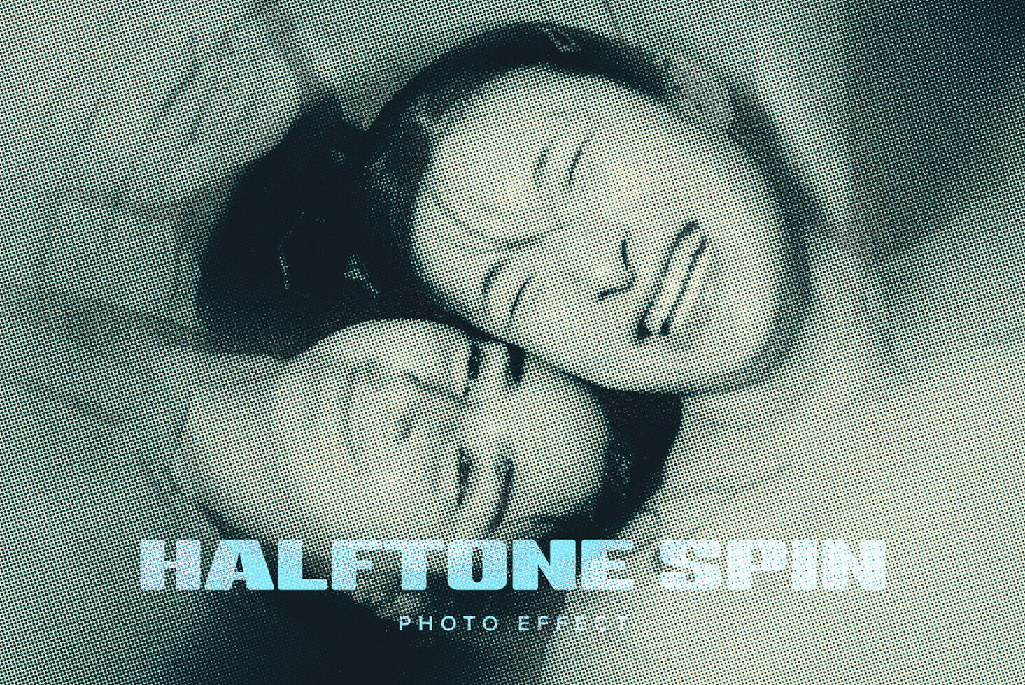 Cyan halftone photo effect showing two people in close-up with text overlay