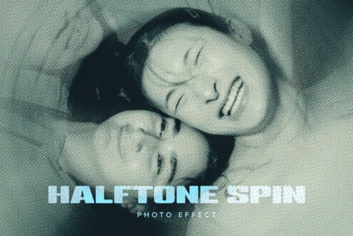 Cyan halftone photo effect showing two people in close-up with text overlay