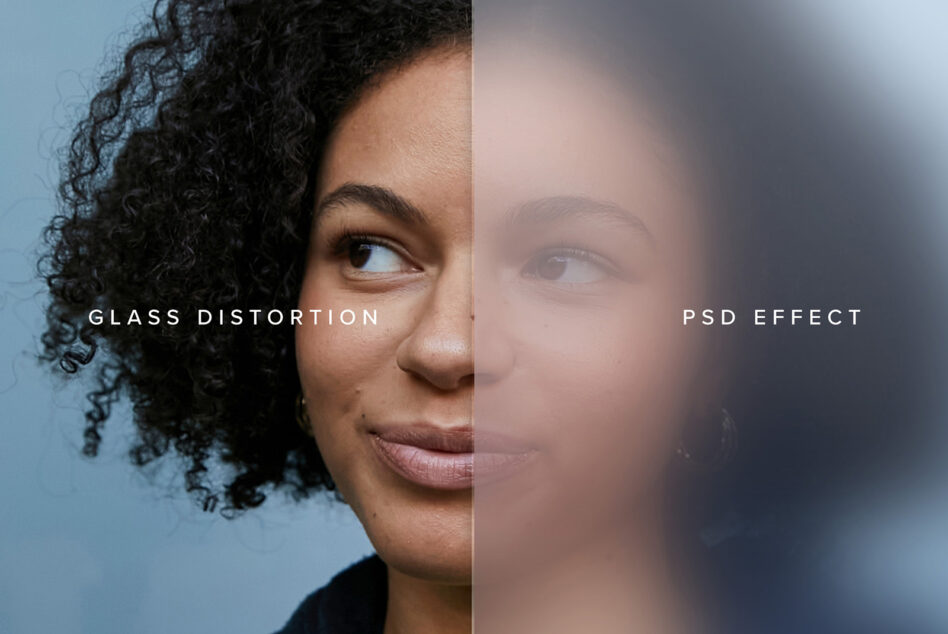 Split portrait showing glass distortion effect left side, soft blur right side