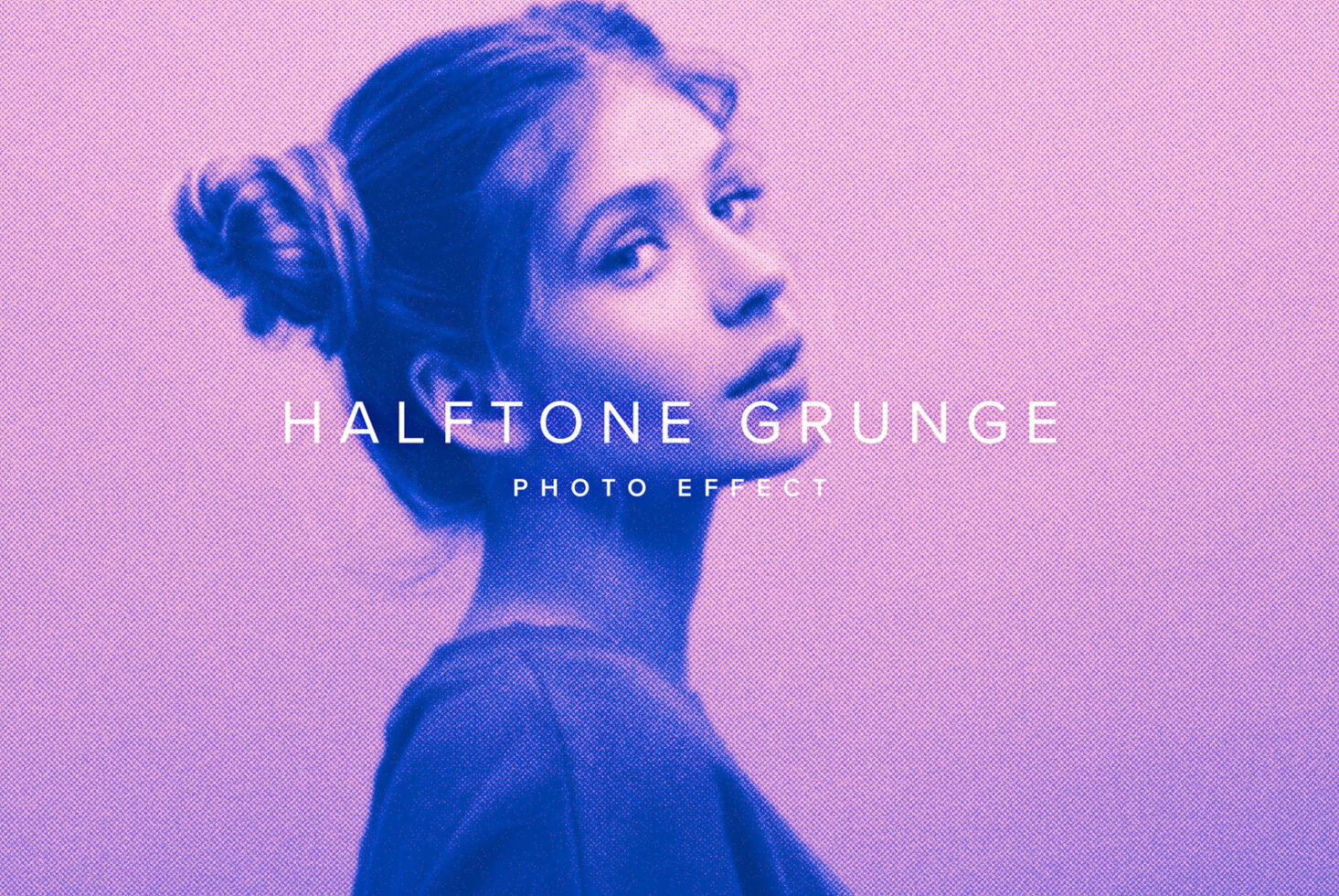 Portrait with halftone grunge texture in blue pink duotone