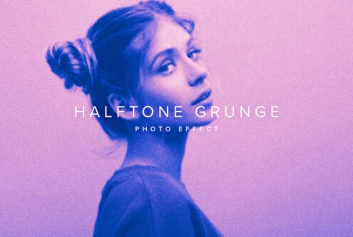 Portrait with halftone grunge texture in blue pink duotone