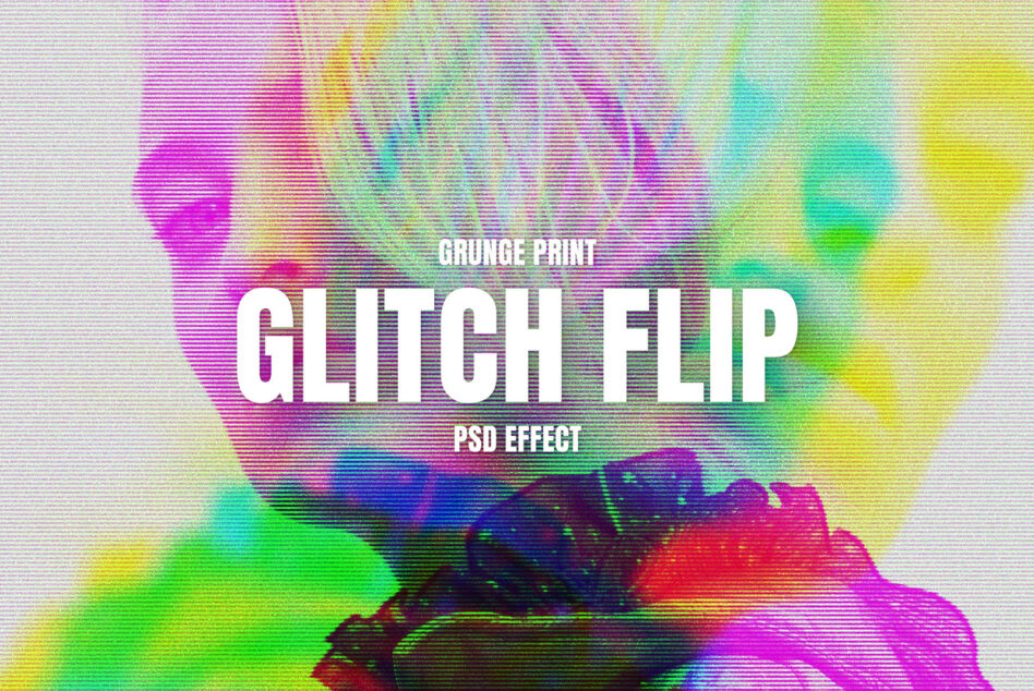 Glitch print text effect layered over colorful pixelated background