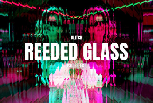 Reeded glass effect mockup with neon glitch text overlay on distorted background