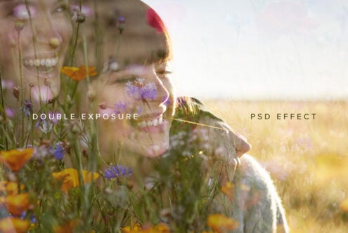 Woman's face blended with wildflowers, double exposure effect in sunlit field