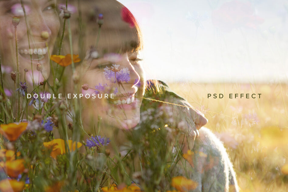 Woman's face blended with wildflowers, double exposure effect in sunlit field