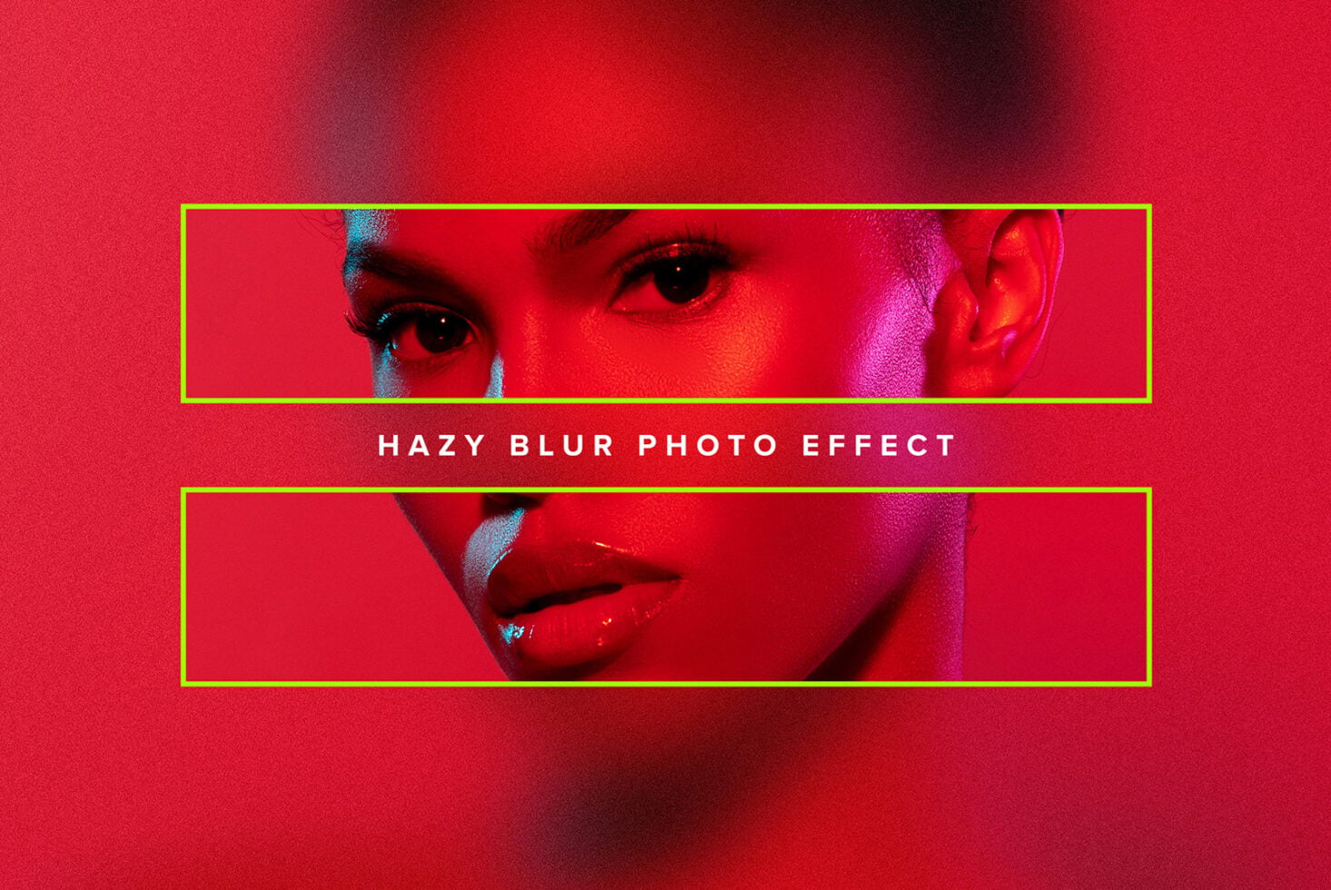 Woman's face with neon blue highlight effect over red background mockup