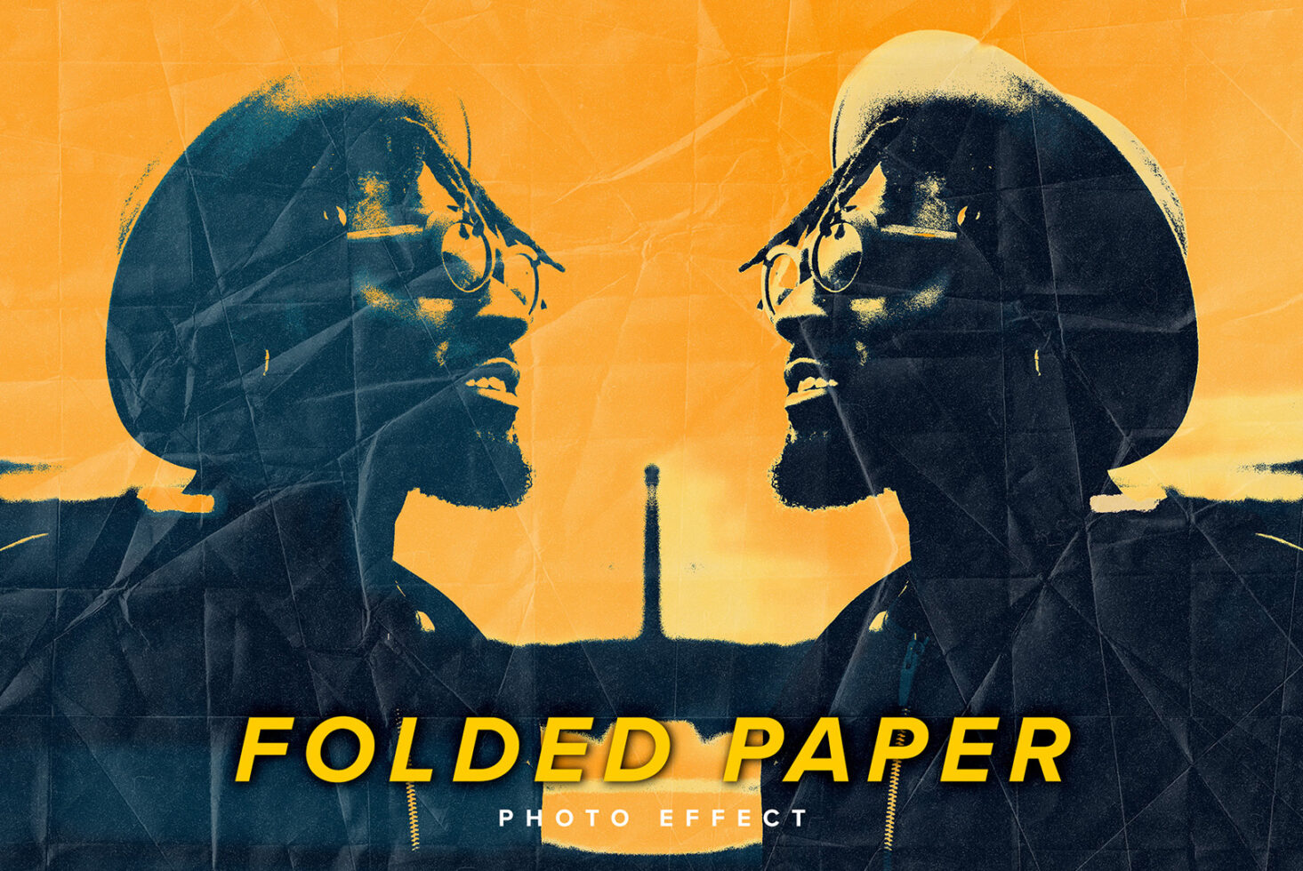 Two silhouettes facing each other with folded paper texture on golden orange background