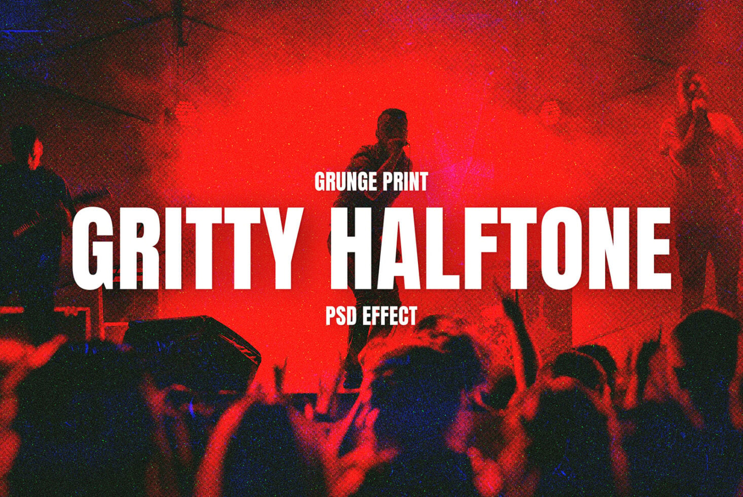 Concert crowd silhouettes with red halftone gritty texture overlay