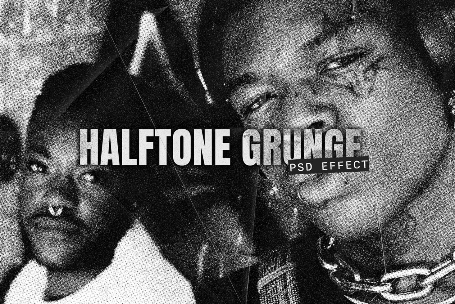 Halftone grunge PSD effect on black white photograph of multiple faces with text overlay
