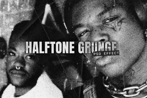 Halftone grunge PSD effect on black white photograph of multiple faces with text overlay
