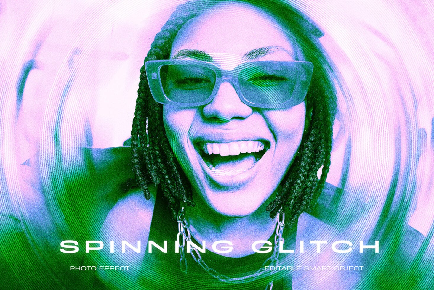 Spinning glitch photo effect mockup with person in sunglasses editable smart object