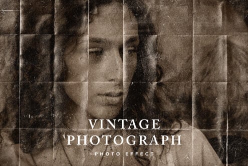 Sepia toned portrait split into grid tiles with vintage grain texture overlay