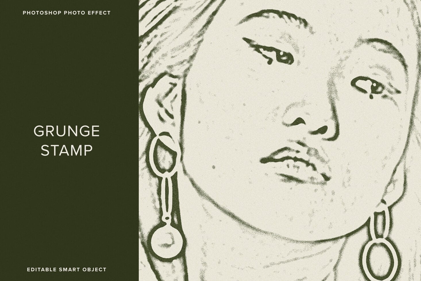 Woman's face with green sketch effect, earrings, grunge stamp texture