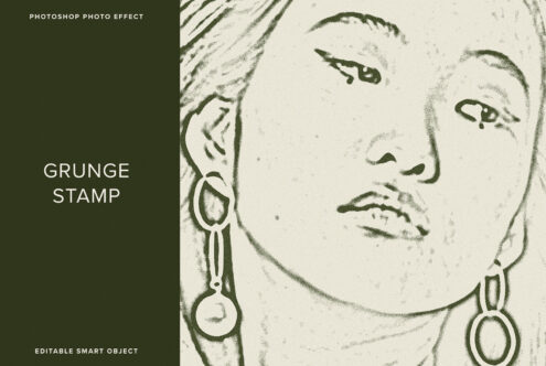 Woman's face with green sketch effect, earrings, grunge stamp texture