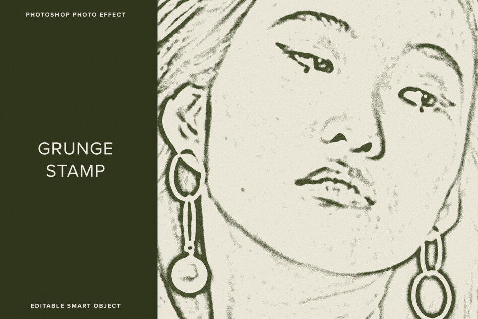Woman's face with green sketch effect, earrings, grunge stamp texture