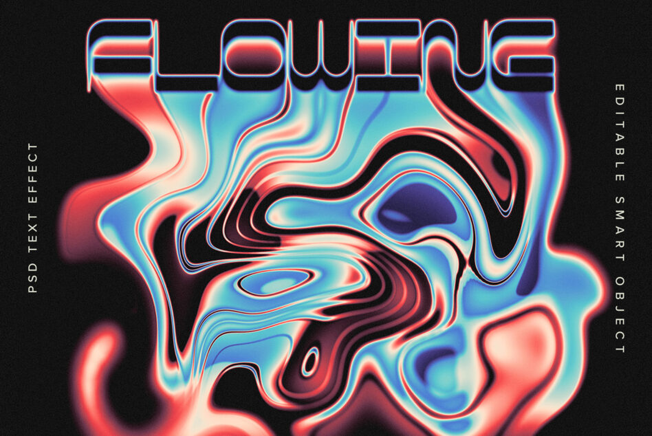 Flowing liquid text effect with cyan magenta chromatic aberration style