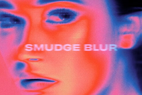 Close up face with neon pink blue smudge blur effect over text