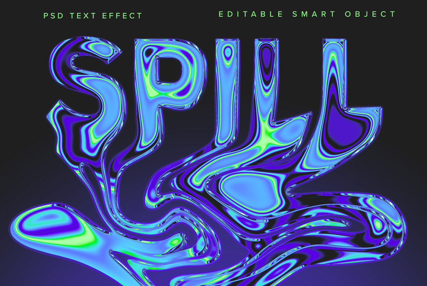 SPILLY PSD text effect with blue neon liquid chrome distortion on dark surface