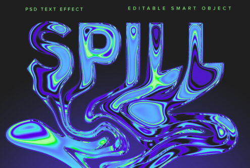 SPILLY PSD text effect with blue neon liquid chrome distortion on dark surface