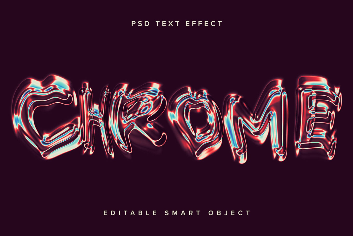 Chrome wavy text effect with red cyan chromatic aberration on dark burgundy