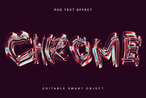 Chrome wavy text effect with red cyan chromatic aberration on dark burgundy