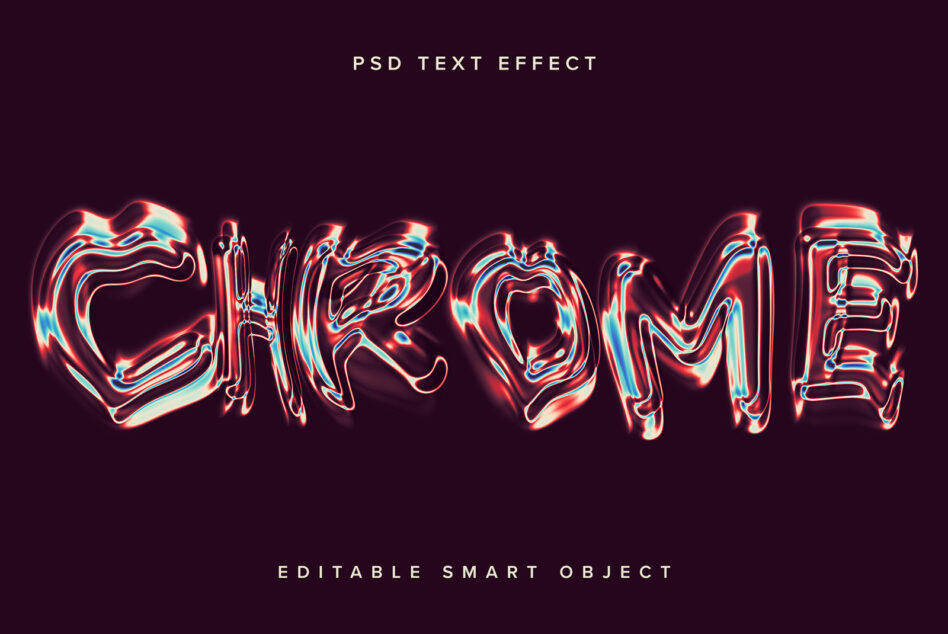 Chrome wavy text effect with red cyan chromatic aberration on dark burgundy