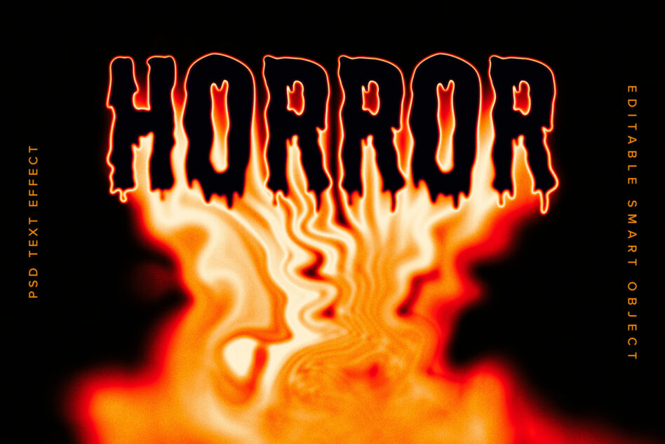 Neon orange text reading HORROR with dramatic flame effect rising from bottom