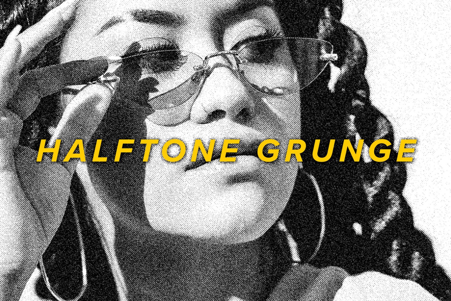Halftone grunge effect overlay with yellow text on black-and-white photo